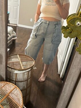 We The Free Light Blue Denim Utility Knee-Length Shorts